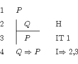 \begin{displaymath}\begin{fitch}
\par
P \\
\par
\fh Q & H \\
\par
\fa P & IT 1 \\
\par
Q \Rightarrow P & I$\Rightarrow$\ 2,3
\par
\end{fitch} \end{displaymath}