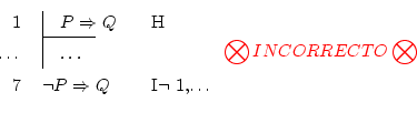 \begin{displaymath}\begin{fitch*}
\par
1 & \fh P \Rightarrow Q & H \\
\par
\ldo...
...nd{fitch*} {\textcolor{red}{\bigotimes INCORRECTO \bigotimes}} \end{displaymath}