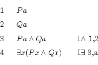 \begin{displaymath}\begin{fitch}
\par
Pa \\
\par
Qa \\
\par
Pa \wedge Qa & I$\...
...par
\exists x(Px \wedge Qx) & I$\exists$\ 3,a
\par
\end{fitch} \end{displaymath}