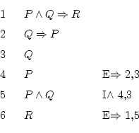 \begin{displaymath}\begin{fitch}
\par
P \wedge Q \Rightarrow R \\
\par
Q \Right...
...\wedge$\ 4,3 \\
\par
R & E$\Rightarrow$\ 1,5
\par
\end{fitch} \end{displaymath}